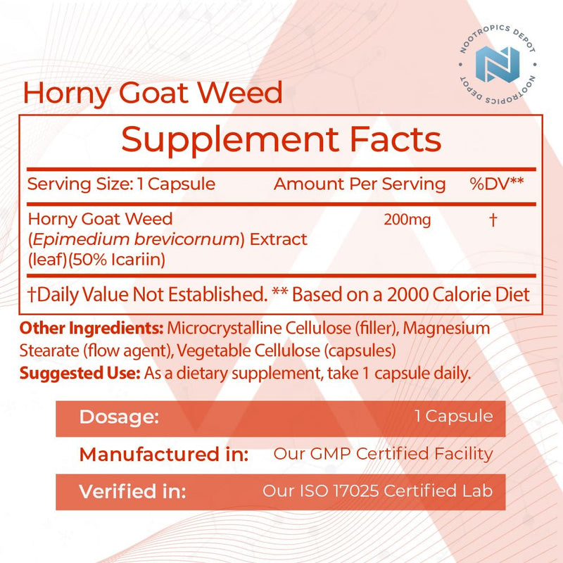 [Australia] - Nootropics Depot Horny Goat Weed Capsules | 200mg | 30 Count | Minimum 50% Icariin | Epimedium brevicornum 30 Count (Pack of 1) 