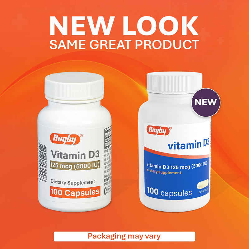 Rugby Vitamin D3 5,000 IU (125 mcg), 100 Capsules | Gluten-Free, High Potency Vitamin D Dietary Supplement for Bone, Teeth, and Immune Health, No Artificial Flavors and Colors