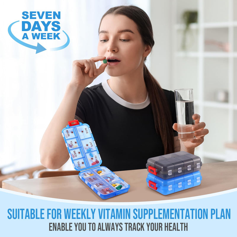 2 Pack Weekly Pill Organizer 2 Times a Day with Label, 14 Compartments Foldable Am Pm 7 Day Week Medicine Box Pocket Portable Daily Travel Pill Case Dispenser for Vitamin Fish Oil Supplement Gray, Blue