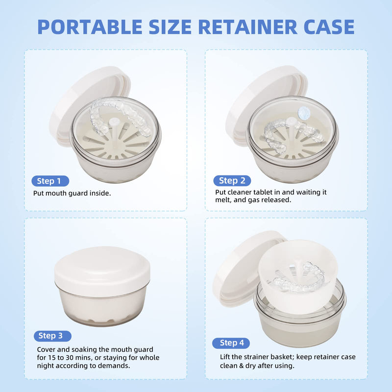 Leakproof Denture Bath Case, Denture Soak Case for Travel, Portable Denture Container Cups Box for Braces/Mouth Guard/Night Guard/Retainers, with Brush and Removal Tool -Transparent White Transparent White
