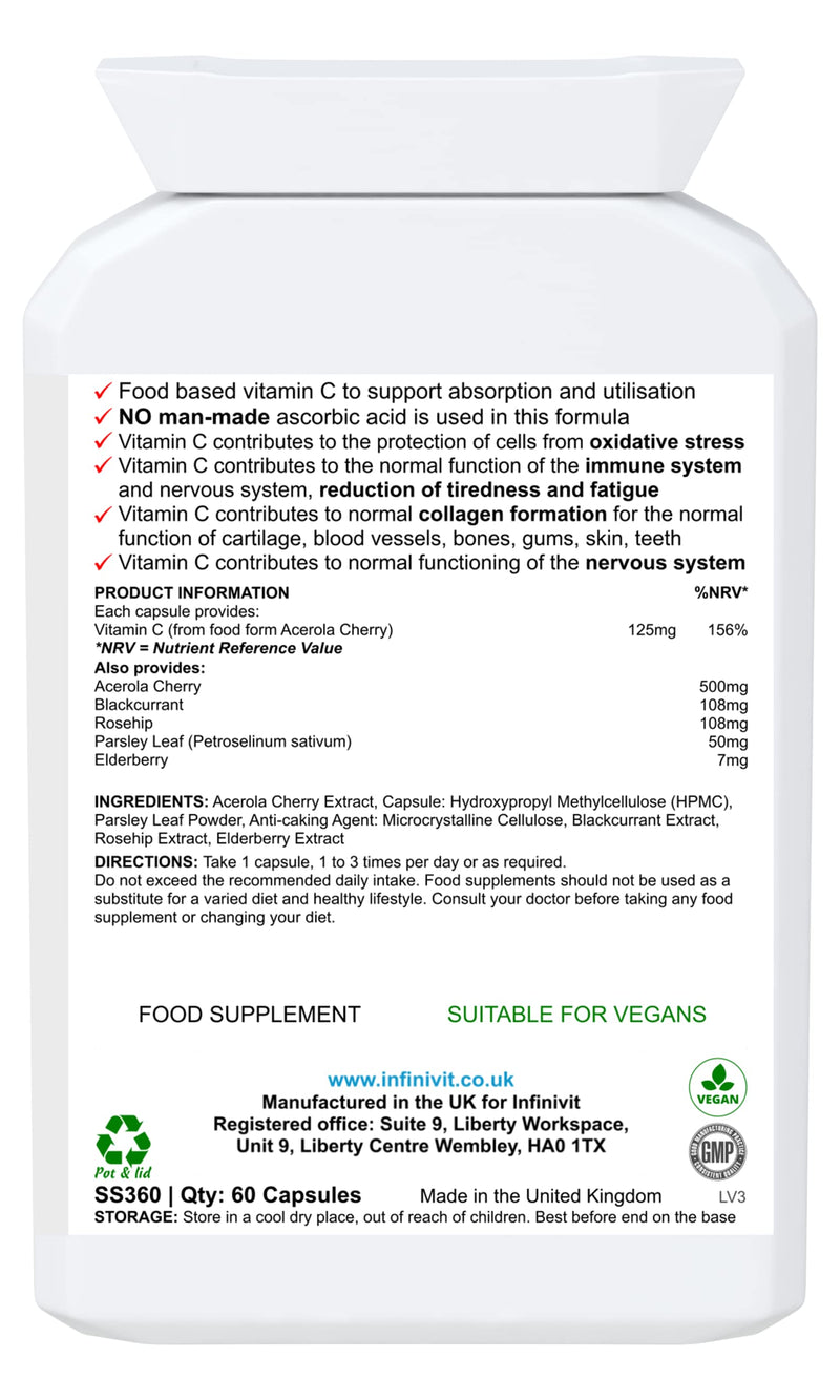 Natural Vitamin C Capsules, Sourced from Acerola Cherry, Food Form Vitamin C for Enhanced Absorption and Bioavailability