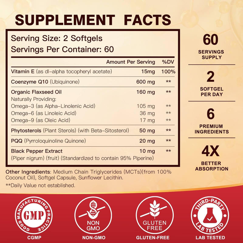 [Australia] - CoQ10 600 mg Softgels CoQ10 Supplement - CQ10 Coenzyme-Q10 with Omega 3 & PQQ & Vitamin E Support Heart & Antioxidant & Cellular Energy | 60 Servings 