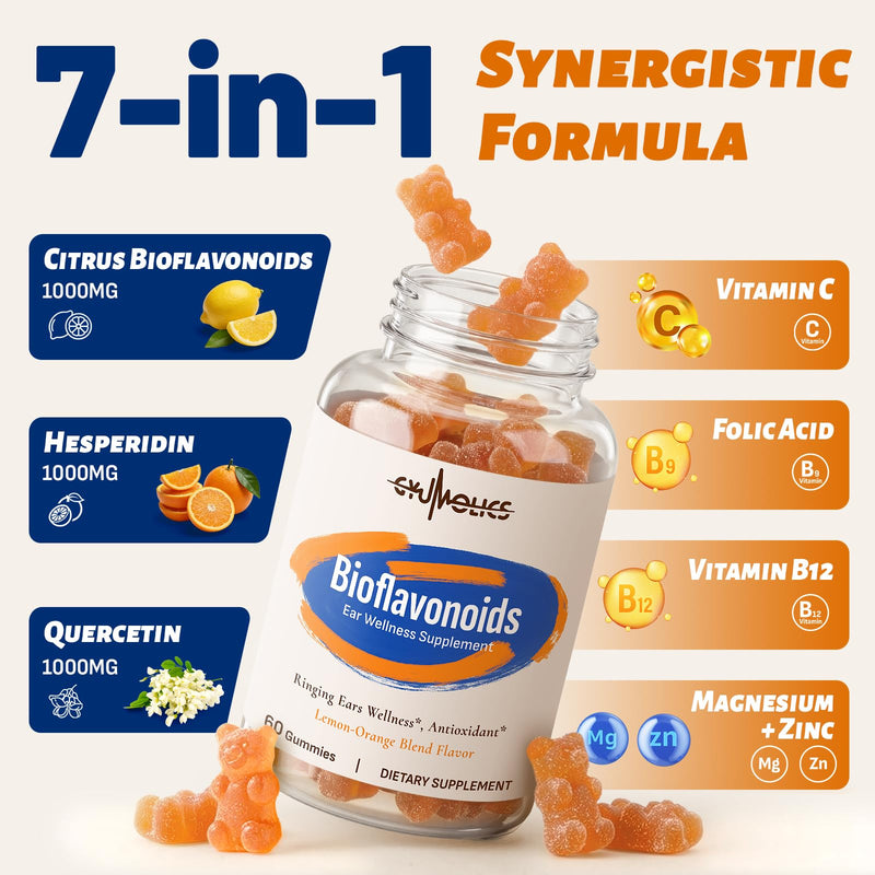 Flavonoids Supplements Gummie Flavonoid for Tinnitus 120 Gummies | Bioflavonoid Ear Vitamins Complex with Hesperidin, Quercetin, Lemon Bioflavonoids & Vitamin C 120 Count (Pack of 1)