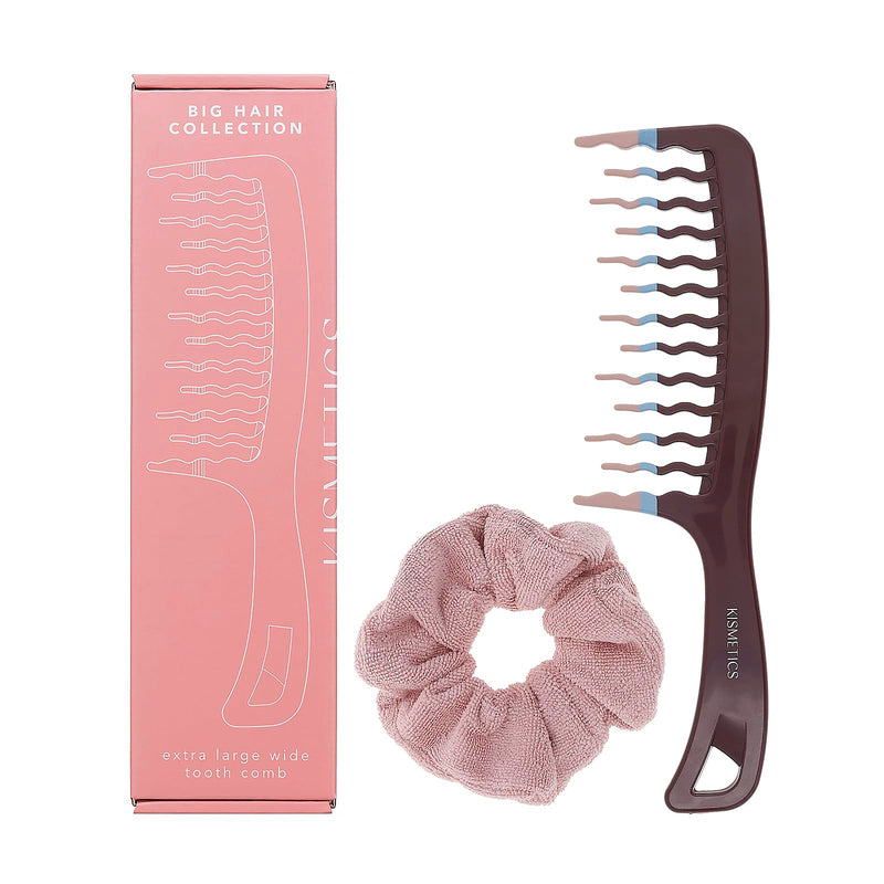 Big Hair Tools Extra Large Wide Tooth Comb for Thick, Curly, Wavy or Long Hair - Frizz-Free Detangling Shower Comb - Big Hair Comb and Microfiber Scrunchie Huckleberry