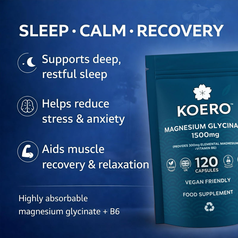KOERO Magnesium Glycinate 1500mg (300mg Elemental) + Vitamin B6 – High Absorption Chelated Magnesium Capsules – Supports Sleep & Relaxation – 120 Capsules – UK Made
