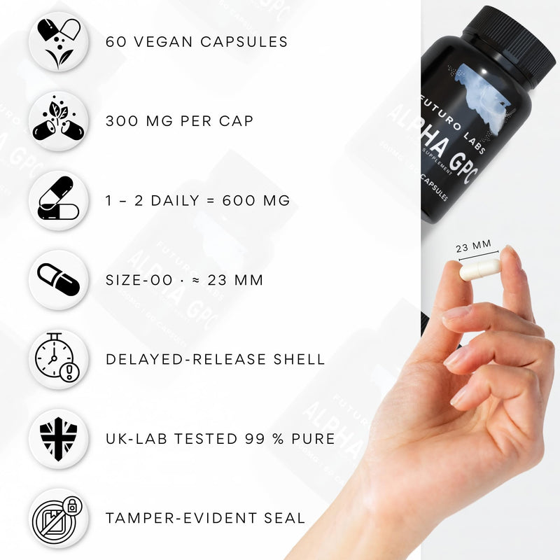 Alpha GPC Choline Supplement 600mg per Serving (High Strength) Cognitive Supplements for Memory, Mood & Motivation - Lab Tested, Non-GMO, Nootropic for Brain Made in the UK (60 300mg Capsules)