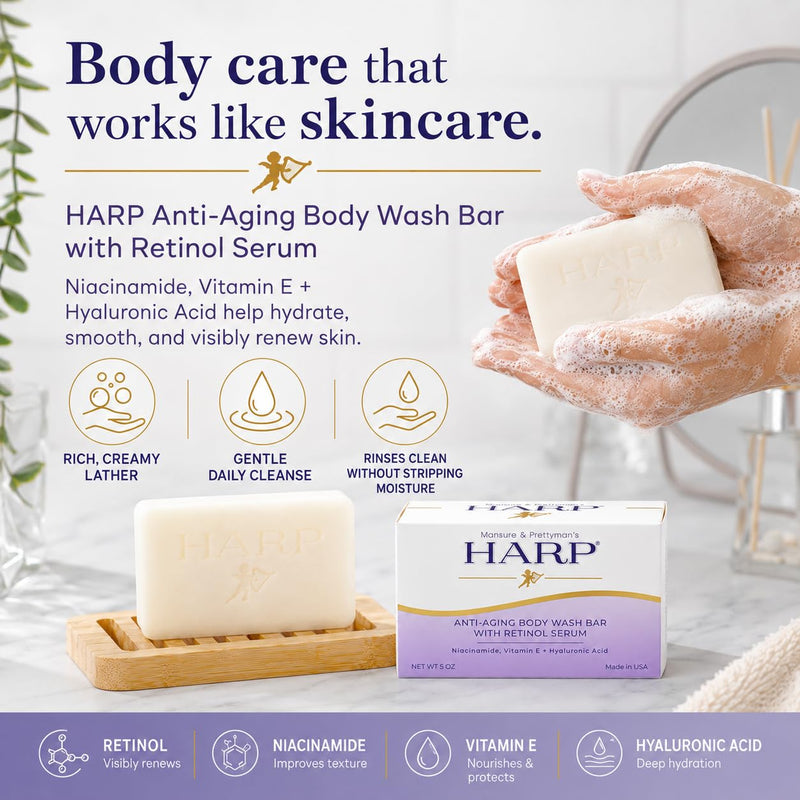 HARP® Anti-Aging Body Wash Bar with Retinol – pH Balanced Syndet Cleanser, Fragrance Free, Soap-Free & No Lye, Non-Comedogenic, With Niacinamide, Hyaluronic Acid & Vitamin E, 3-5oz Bars. Anti-Aging - Fragrance Free 3 Bars