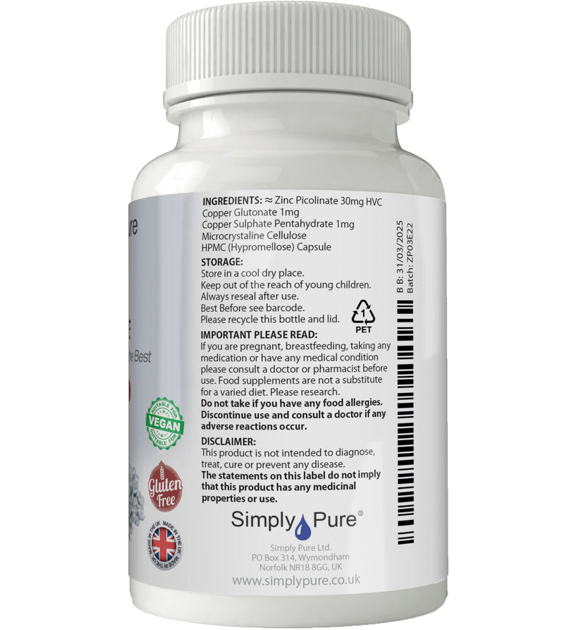 Zinc Picolinate with Copper | Easily Absorbed Bioavailable Form of Zinc | Immune Support | 30mg Capsules x 90 | Gluten Free | GM Free | Vegan