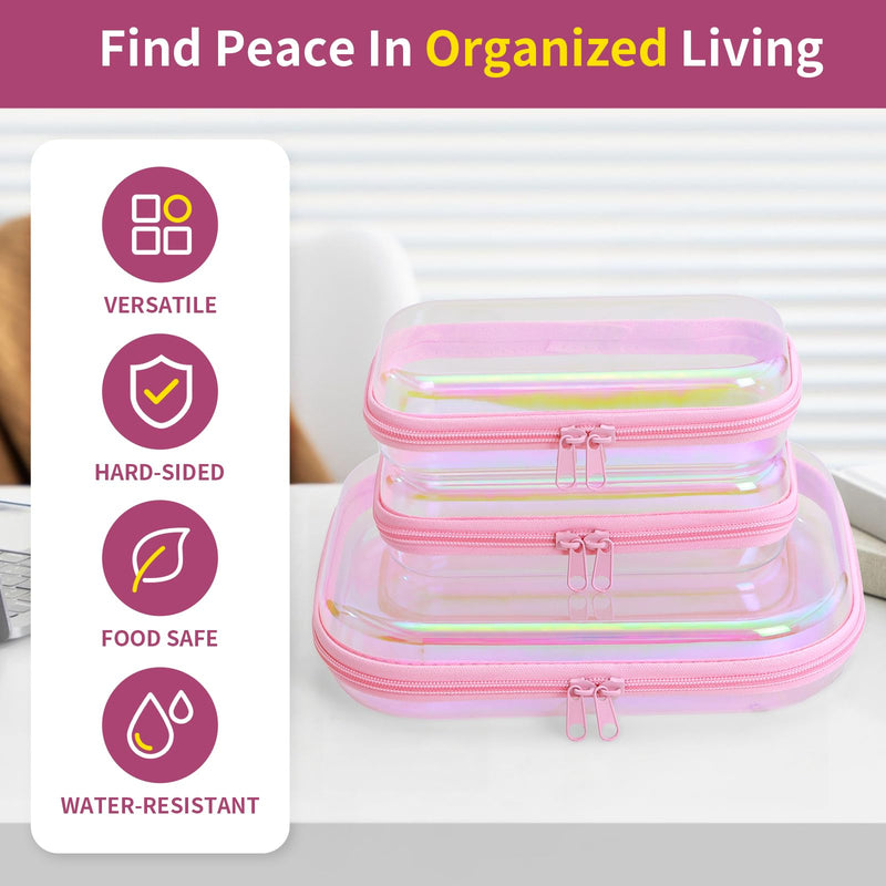 Clear Hard Shell Zipper Case, Surface scratch resistant material, Portable Cosmetic Bag with Zipper, Diaper Bag Organizing Pouches, Hard Plastic Case, Clear Bags for Organizing, Pink （6 Pcs） 4M+2L