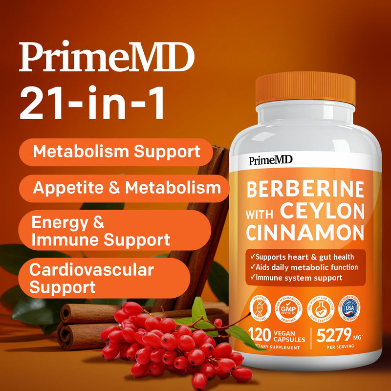 [Australia] - 21-in-1 Berberine Supplement with Ceylon Cinnamon - Berberine 1500 mg with Chromium, Bitter Melon and Green Tea Extract - Berberine 5X for Weight Management & Metabolism Support with 5279 mg (120 ct) 