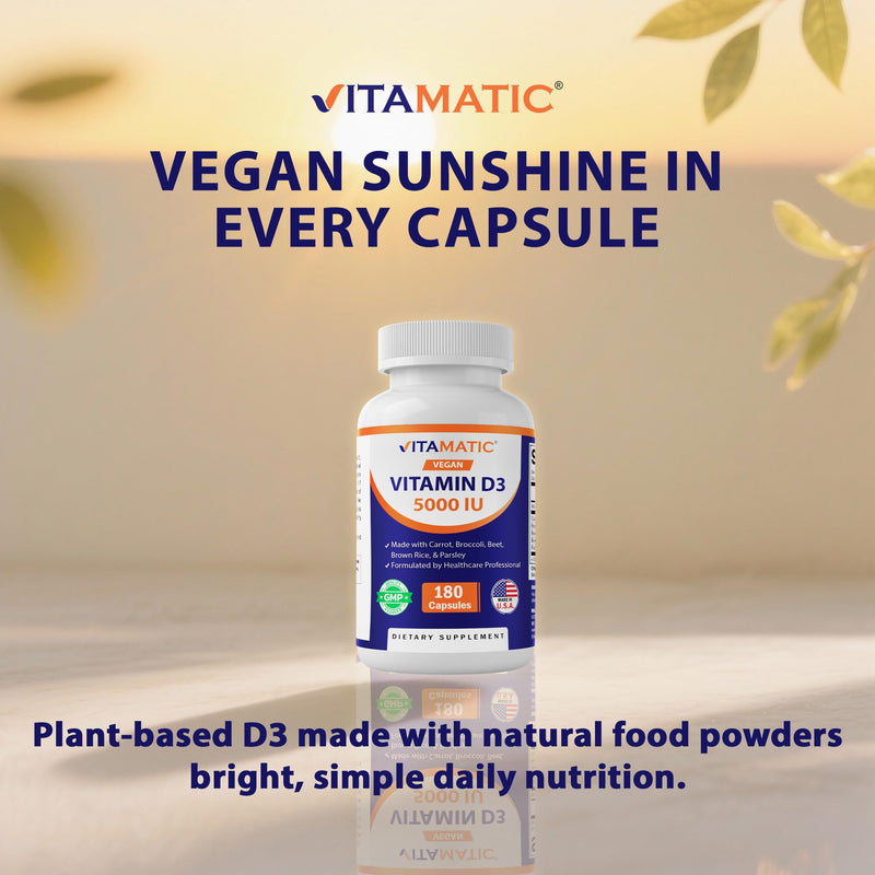 Vitamatic Vegan Vitamin D3 5000 IU | Plant Based Vitamin D from Lichen | Made with Carrot, Beet, Broccoli, Brown Rice & Parsley | 180 Capsules | Non-GMO, Gluten-Free | Made in USA