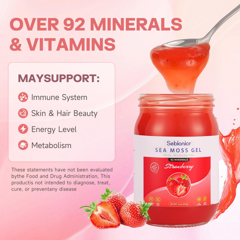 Sea Moss Gel Essential Vitamins, Trace Minerals, Vegan superfoods, jams, Jellies, and Sweet sauces Gifts (Strawberry) Strawberry