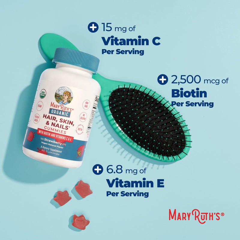 MARYRUTH'S Organic Hair Skin and Nail Vitamins, Ages 14+, Skin Care, 60ct | USDA Organic, 2500 mcg Biotin Gummies, Vitamin C & Vitamin E, Hair Growth, Skin Care, Nail Growth