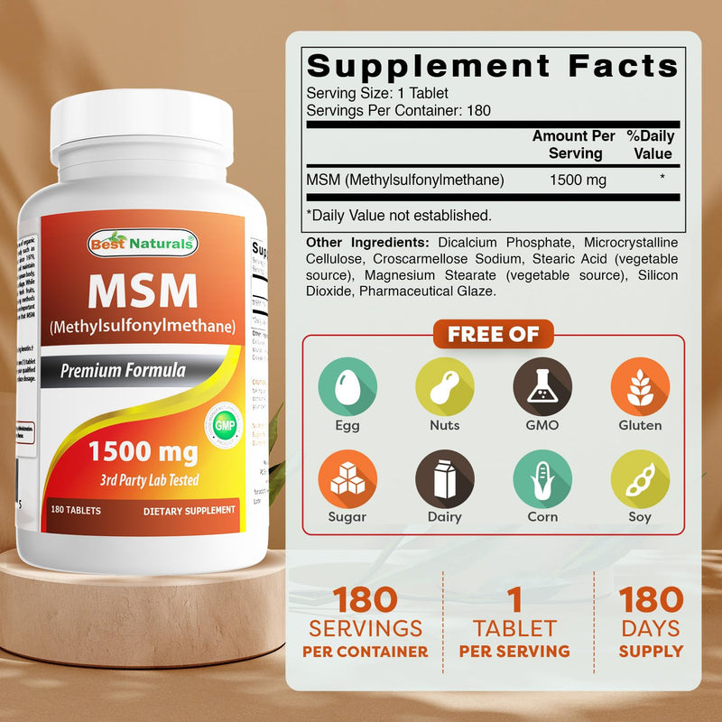 Best Naturals MSM 1500 mg 180 Tablets 180 Count (Pack of 1)