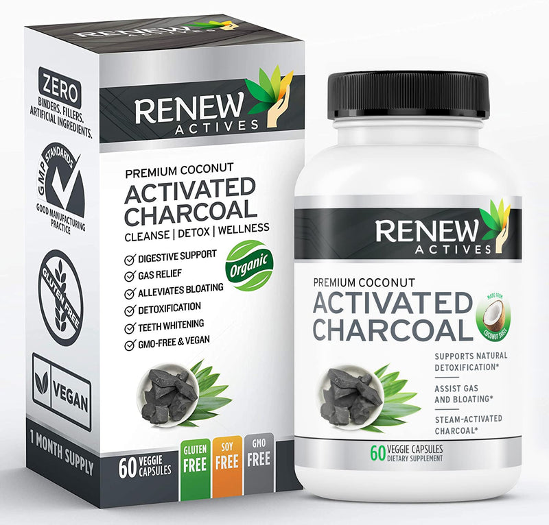 Renew Actives Activated Charcoal Supplement 1100MG per 2 Capsules - Digestive Support & Teeth Whitening Formula, No Artificial Ingredients - Made in Canada - 60 Capsules