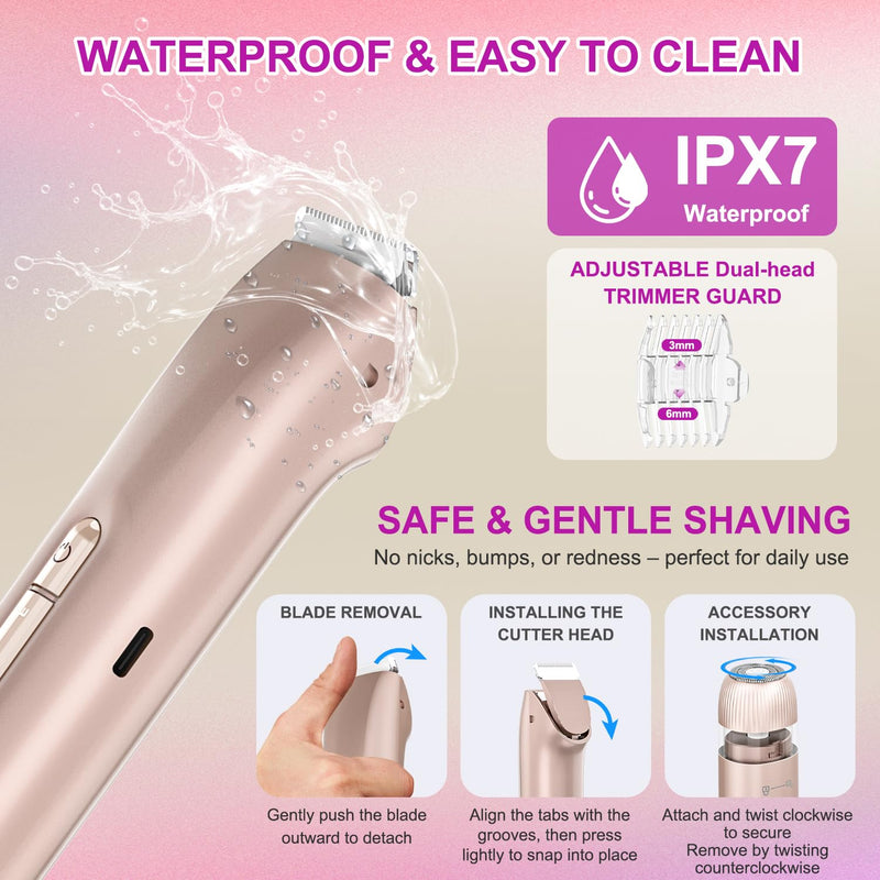 [Australia] - Bikini Trimmer for Women 2-in-1, Dual-Head Electric Razors for Women, IPX7 Waterproof Pubic Hair Trimmer, Facial & Body Electric Shaver, USB Rechargeable, LED Display, Rose Gold 