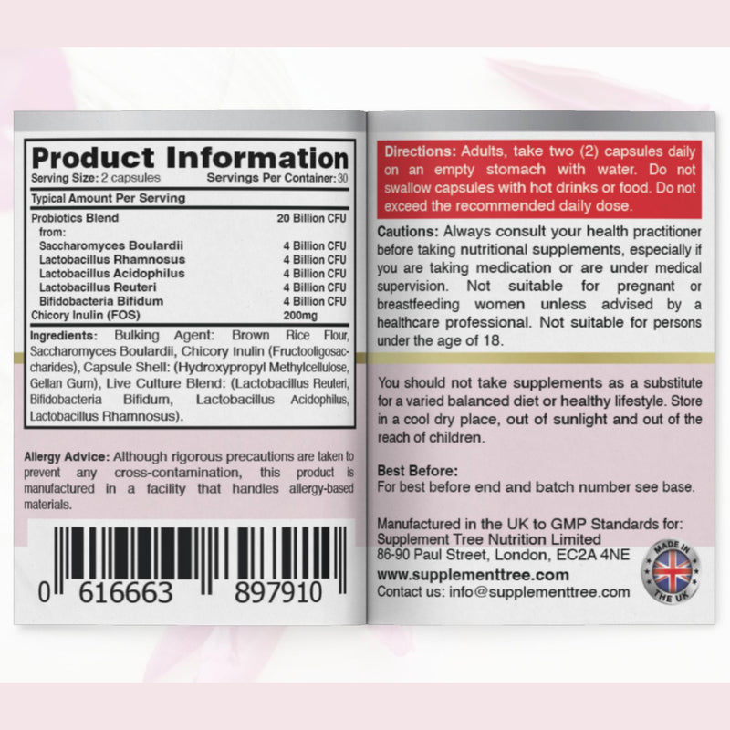 FloraHer Probiotics for Women – 20 Billion CFU with Inulin – Saccharomyces Boulardii, Lactobacillus & Bifidobacterium Blend – 60 Vegan Capsules, 30 Servings, UK Made 60 count (Pack of 1)