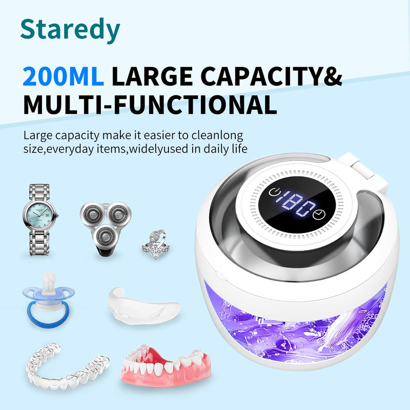 [Australia] - Staredy Ultrasonic Retainer Cleaner for Dentures,Oral Dental, 6 UV Lights-4 Mode-200ML Denture Cleaner Machine for Aligner,Braces, Jewelry with Mouth Guard Cleaner-Touchscreen (white) white 