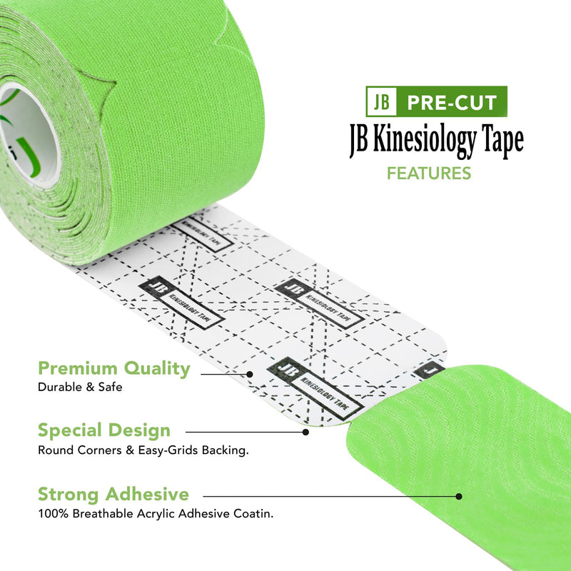 [Australia] - JB Tape Kinesiology Tape – 80 Precut 10-Inch Strips – Green – Elastic, Latex-Free, Water Resistant – Athletic Muscle & Joint Support – 4 Rolls Kelly Green 