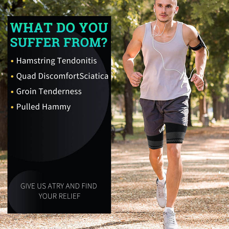 [Australia] - ABYON Thigh Brace for Men and Women Pack of 2, Thigh Compression Breathable Non-Slip for Hamstring, Quad, Groin Pain, Torn Muscle Fiber, Cramps L Black 