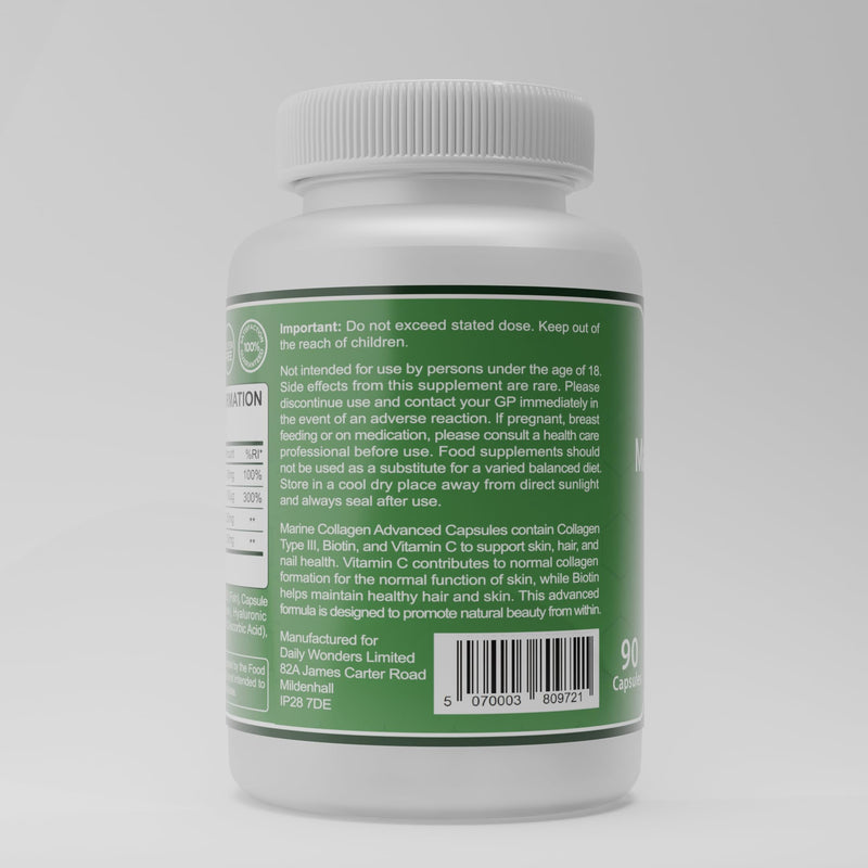 Marine Collagen 1200mg – Type 3 Collagen Plus Vitamin C, Biotin & Hyaluronic Acid – Healthy Hair, Glowing Skin, Strong Nails & Joint Care – 90 Capsules