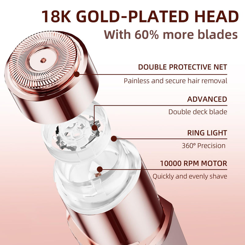 Facial Hair Removal for Women, Portable Lady Shaver, Rechargeable Painless Hair Remover for Face, Upper Lips, Chin, Peach Fuzz Rose Gold