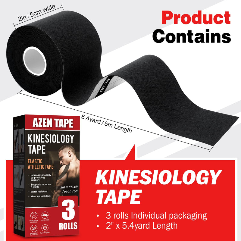 [Australia] - AZEN 3 Rolls Kinesiology Tape, 16.4 ft Waterproof Kinetic Tape for Joints Support and Muscle Pain Relief, Uncut Muscle Tape, Knee Tape, Athletic Tape - Black 
