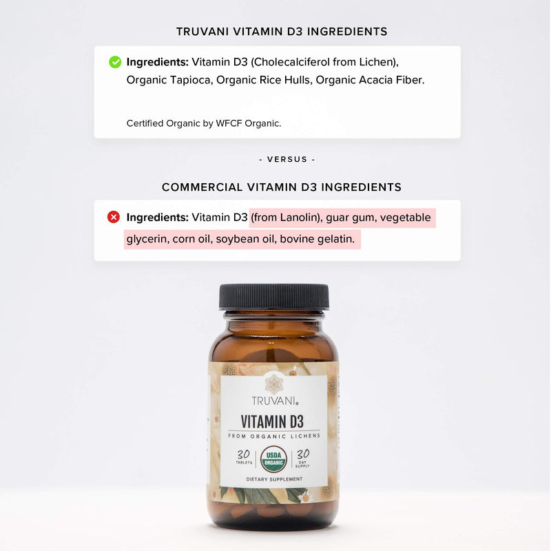 Truvani Organic Vitamin D3 | 30 Tablets | Vegan | Plant-Based, USDA Organic, Gluten-Free, Non-GMO, Vegan D3 Supplement | Supports Bone, Immune & Brain Health