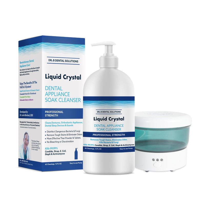 Dr. B Dental Liquid Crystal Soak Cleanser & Solutions Ultrasonic Cleaner Bundle | Complete Appliance Cleaning System for Dentures, Night Guards, Retainers & Aligners