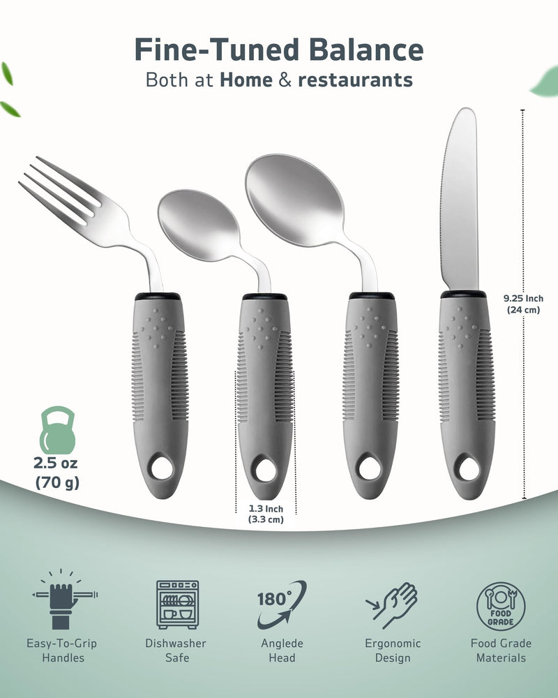 [Australia] - 4-Piece Adaptive Utensils Set - 42¬∞ Angled Parkinsons Utensils, 2.5 oz Weighted Utensils for Hand Tremors and Parkinsons Patients, Weighted Silverware for Hand Tremors (Grey: Right-Handed) Light (Weighted) ‚Äì 2.5 oz 