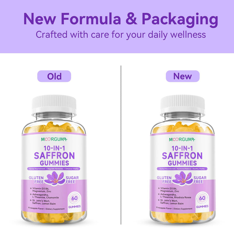 Saffron Gummies for Adult Kids, 10-IN-1 Cortisol Support Supplement with Saffron 88.5mg, Vitamin D3, B6, Magnesium, Zinc, Ashwagandha, L-Theanine, St. John's Wort, For Emotions, Slumber, 60 Count 60 Count (Pack of 1)