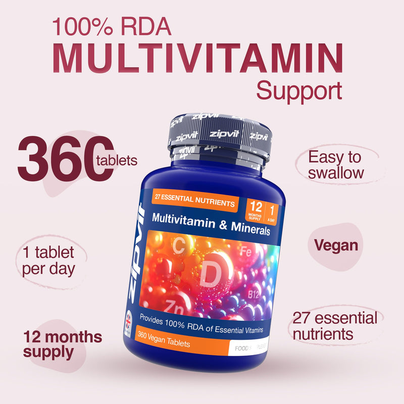 Zipvit Multivitamin & Minerals, 27 Essential Nutrients, 100% Daily Multivitamins, 360 Vegan Multivitamin Tablets for Women & Men