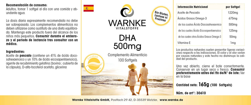 [Australia] - Warnke DHA 500mg from fish oil - 100 softgels - docosahexaenoic acid with eicosapentaenoic acid - omega-3 fatty acids - high dosage | Warnke vital substances - German pharmacy quality 