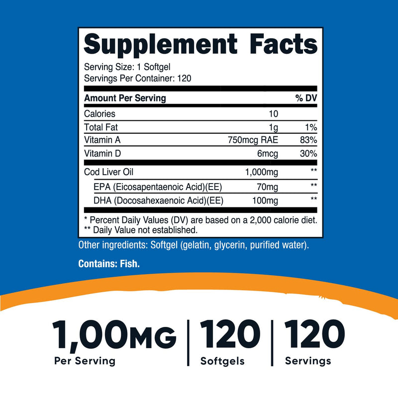 [Australia] - Nutricost Cod Liver Oil 1000mg, 120 Softgels - Non-GMO & Gluten Free 