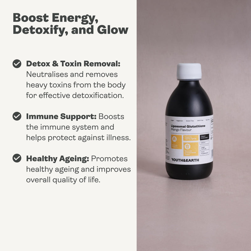 Youth & Earth Liposomal Glutathione Liquid 250ml - Antioxidant Glutathione Supplement for Natural Anti Aging - Pure Vegan Formula to Support Immune - 400mg Per Serving | Mango Flavor