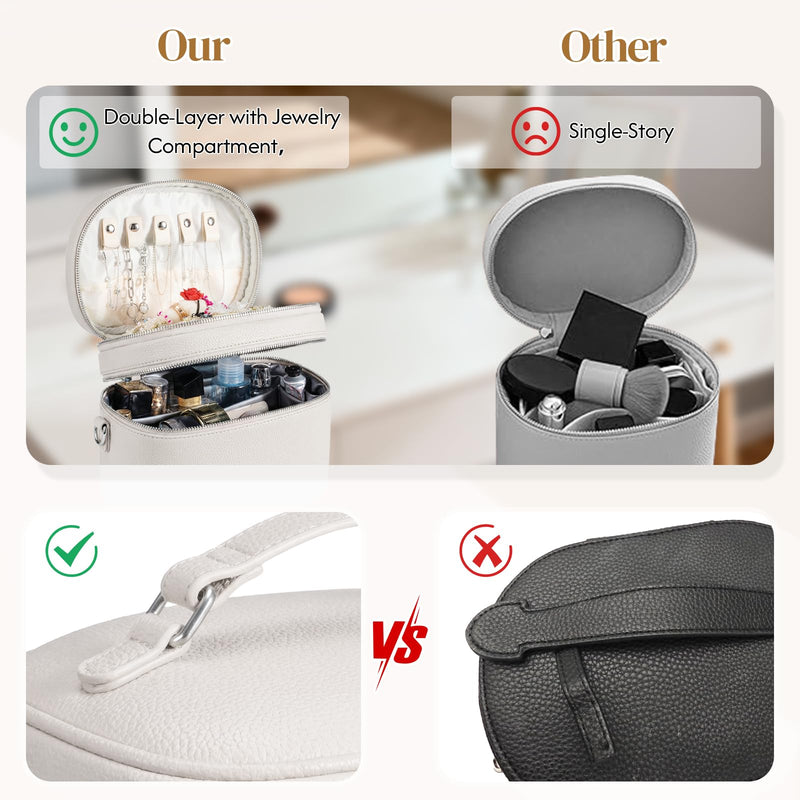 cysiyu Leather Makeup Bag Organizer Double Layer Vanity Bag Large Capacity with Compartments and Handle Travel Portable Storage Crossbody Cosmetic Jewelry Case for Women. Beige