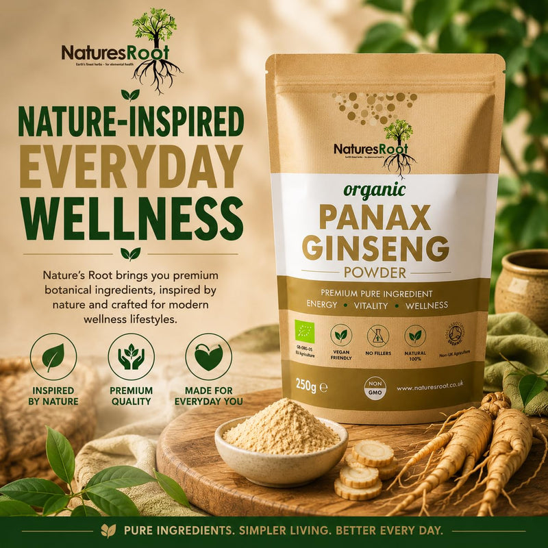 Nature’s Root Organic Panax Ginseng Powder 125g – Premium Botanical Root Powder for Smoothies, Tea & Wellness Drinks – Vegan Friendly Herbal Ingredient – Resealable Pouch