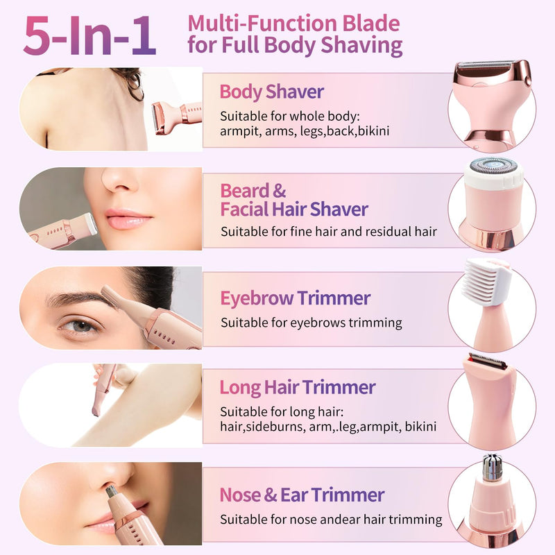 [Australia] - Electric Razors for Women, 5 in 1 Painless Ladies Wet & Dry Body Razors and Facial Hair Remover, Rechargeble Facial and Body Hair Remover for Face Nose Eyebrow Arms Armpit Legs Pubic Area (Pink) Pink 