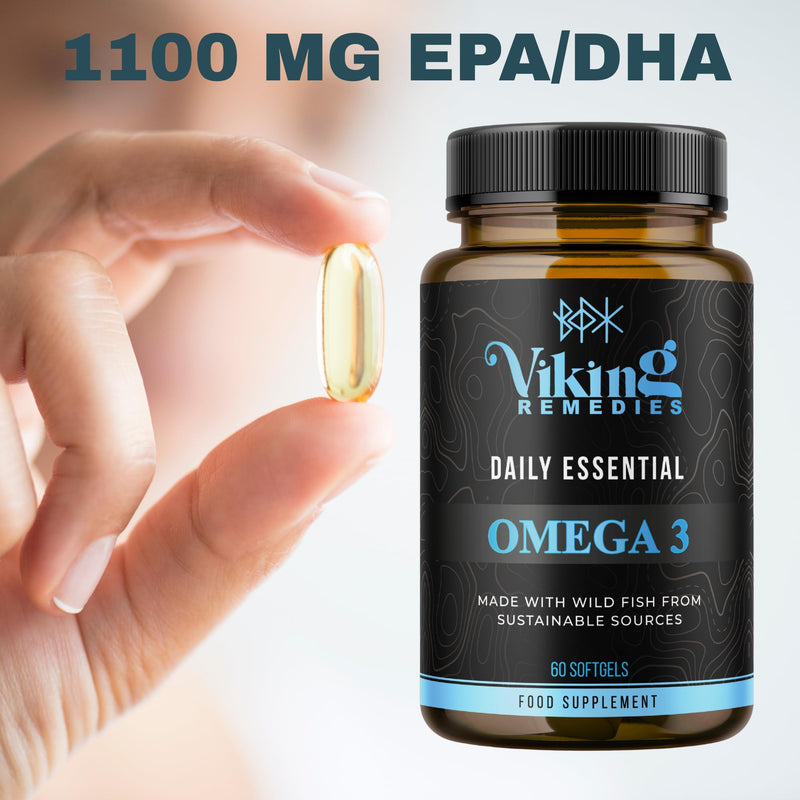 Daily Essential Omega-3 – 1100mg EPA & DHA per Serving – High Strength Fish Oil Softgels – Made in UK – 60 Capsules