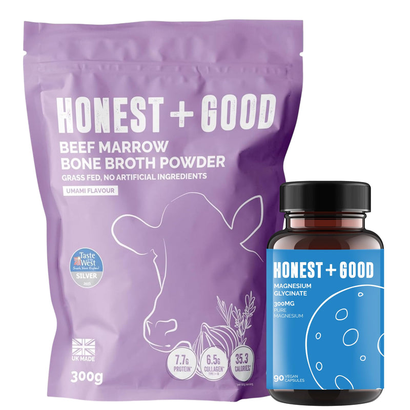 Beef Marrow Bone Broth Powder & Magnesium Glycinate Bundle | Honest + Good | Collagen, Protein. Electrolytes & Amino Acids | Daily Gut, Recovery & Relaxation Support | UK Made