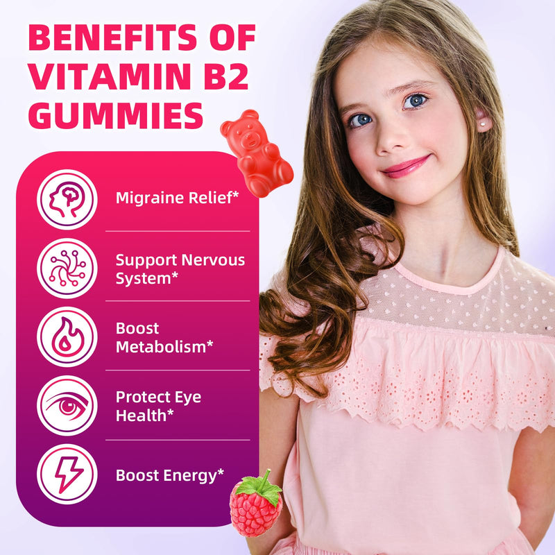 Vitamin B2 Gummies for Kids & Adults, VIT B2 Riboflavin 400mg Supplement with Magnesium for Migraine Relief & Nervous System Support, Non-GMO, Vegan, Raspberry Flavor 60 Count 60 Count (Pack of 1)