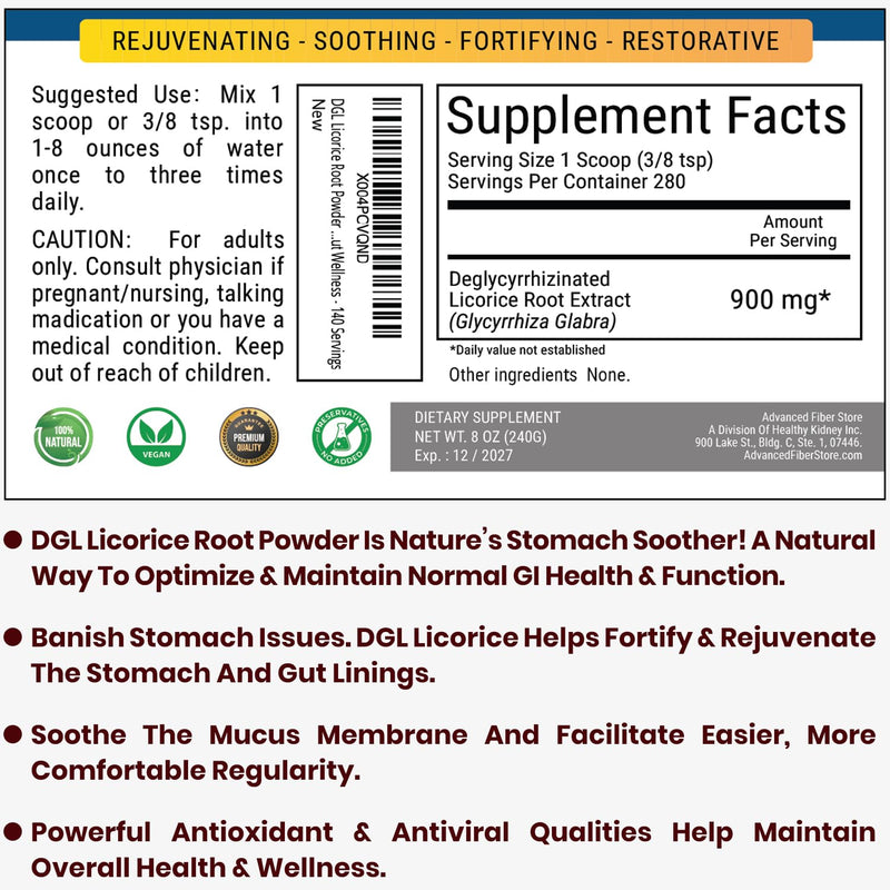 [Australia] - Kidney Restore DGL Licorice Root Powder Supplement - Made from Licorice Root Extract for Digestive Health and Gut Lining Support - Deglycyrrhizinated Mulethi Powder for Gut Wellness - 280 Servings 