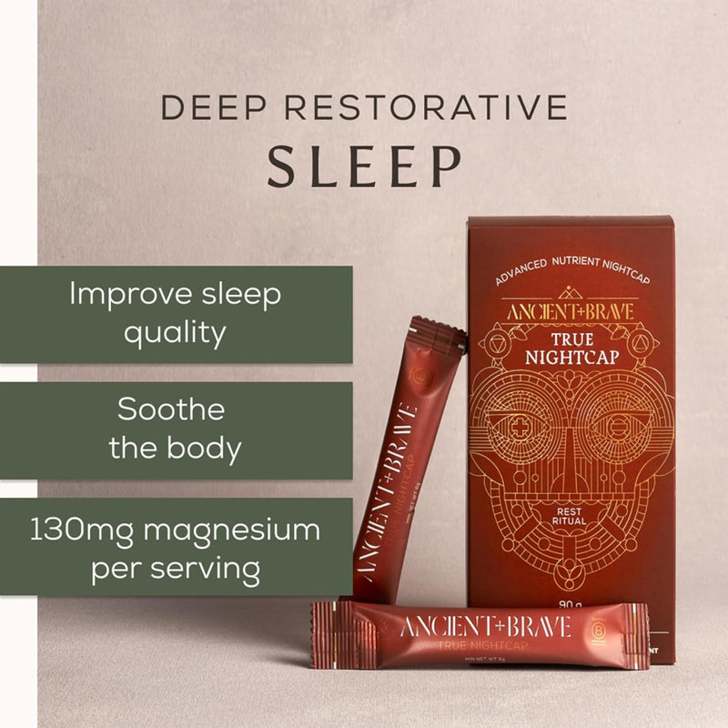 Ancient + Brave True Nightcap 15 x 6g Sachets - Sleep Supplement for Adults with Magnesium, Zinc, Vitamin C, Amino Acids - Natural Sleep Aid Powder - Recover Sleep, Lemon Ginger Flavor, Vegan 90 g Sachets