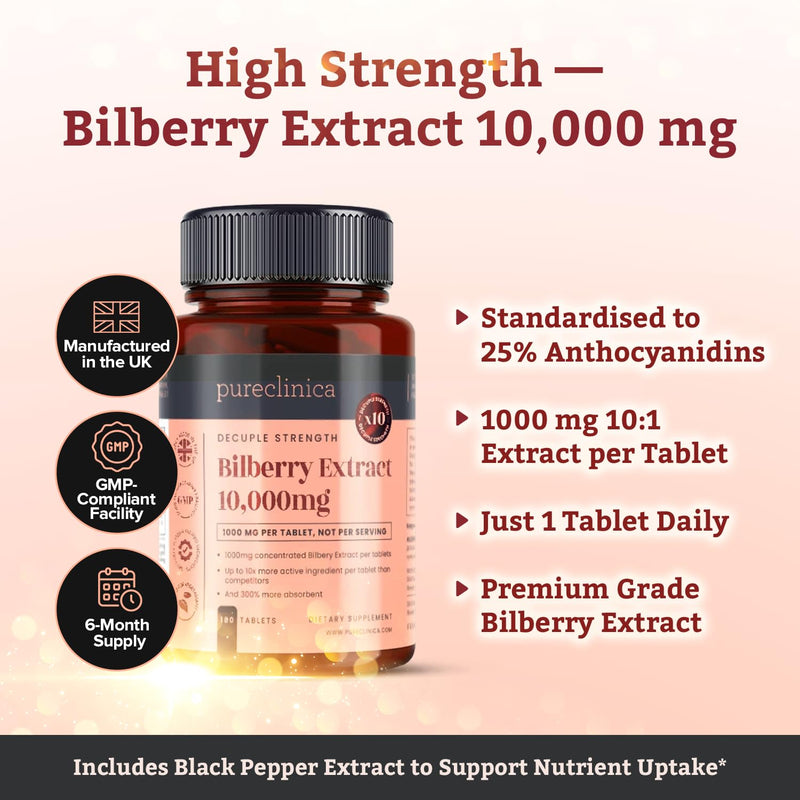 Pureclinica Bilberry Extract 1000mg (10:1) per Tablet – with Black Pepper Extract – 180 Tablets – High Strength – 6 Month Supply 180 count (Pack of 1)