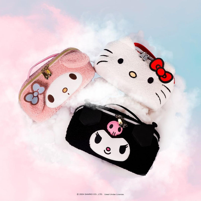 Impressions Vanity Hello Kitty Unfold Travel Makeup Bag Organizer, Opens Flat Zippered Cosmetic Bag with Cozy Sherpa Fabric Texture, Dual Compartments, Inner Pockets, Top Carrying Handle White (Hello Kitty)