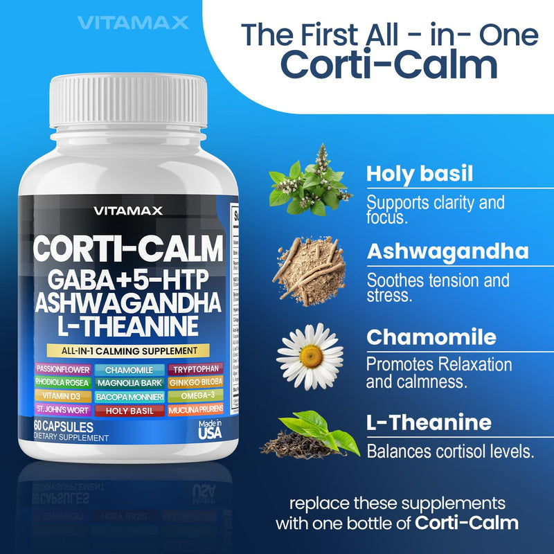 Corti-Calm Cortisol Supplement, L Theanine, Ashwagandha, Vitamin D 3, GABA for Relaxation, Fatigue & Focus with Ginkgo Biloba, Bacopa Monnieri, 5-HTP – Non-GMO, Made in USA – 60ct