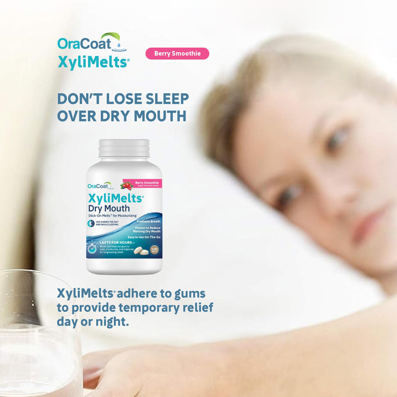 [Australia] - OraCoat XyliMelts Dry Mouth Relief Moisturizing Stick-On Melts Berry Smoothie with Xylitol, For Dry Mouth, Stimulates Saliva, Non-Acidic, Day and Night Use, Time Release for up to 8 Hours, 100 Count 