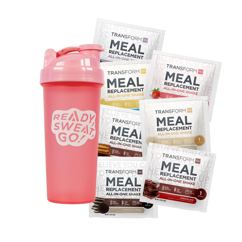 [Australia] - TransformHQ Meal Replacement Shake Variety Box With Pink Shaker, 7 Single-Serving Shake Packs 