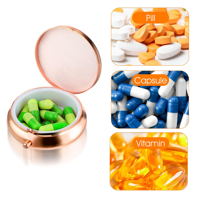 WLLHYF Pill Box Cute Small Pill Box for Purse & Pocket Medicine Organizer Travel Pillbox Waterproof Pill Case Metal Pill Container Holder for Vitamins, Fish Oil, Supplements (Rosegold) Rosegold
