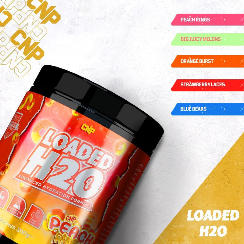 CNP Professional Loaded H20 Advanced Hydration Formula with Potassium, Sodium & Chloride for Electrolyte Balance. 20 Servings, 300g 5 Mouth-Watering Flavours (300g, Peach Rings)